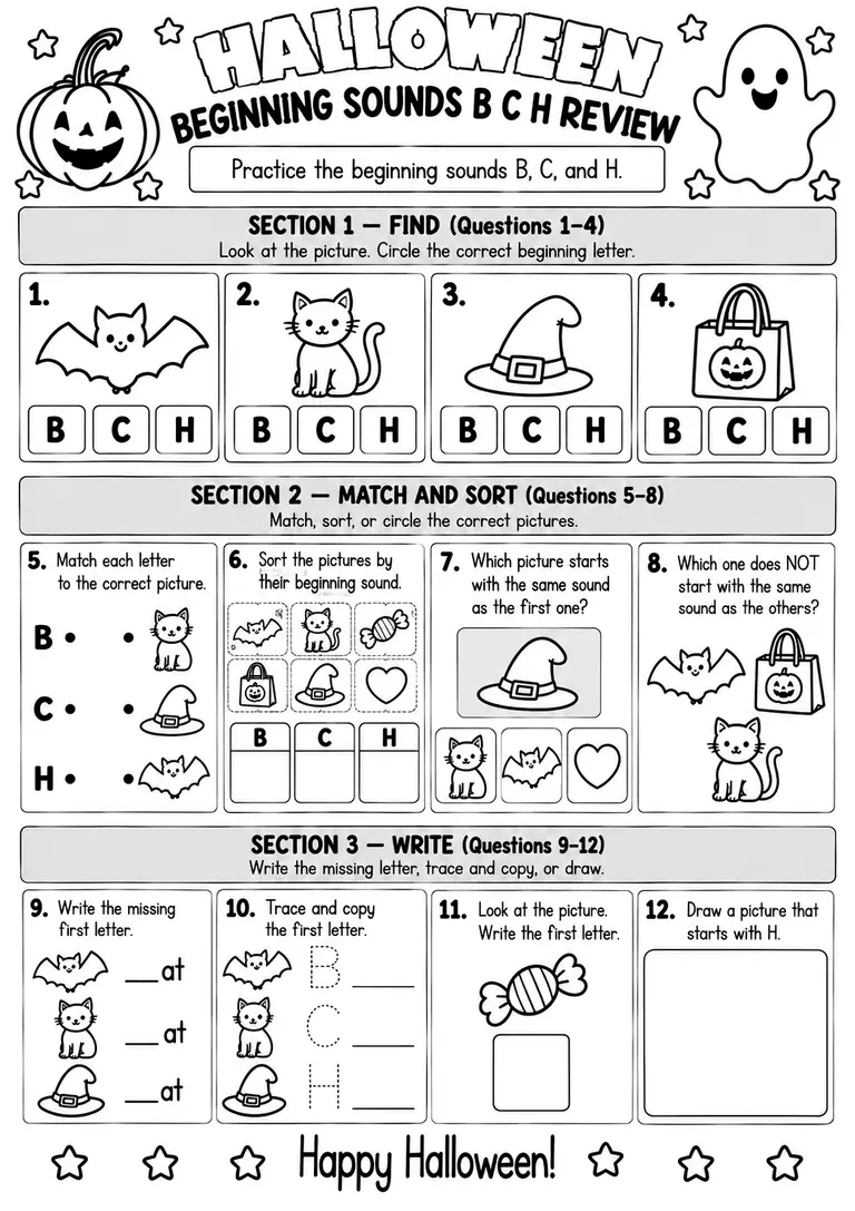Halloween Beginning Sounds B C H Review for Pre-K, Kindergarten, 1st Grade