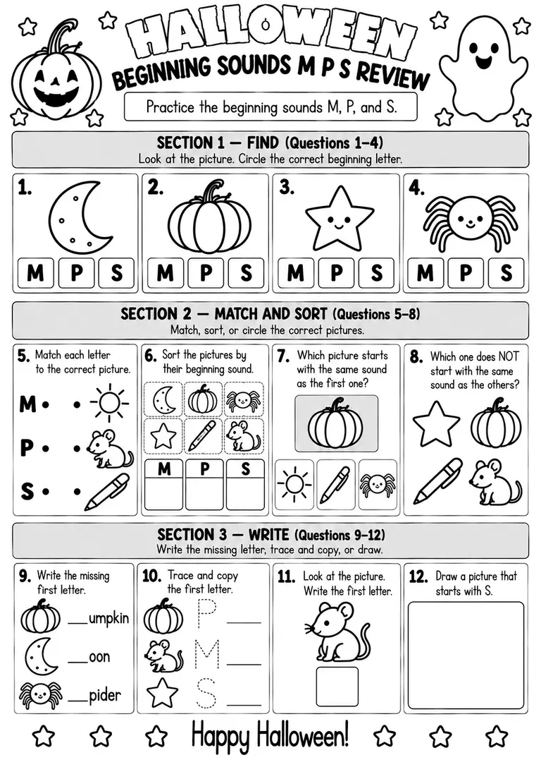 Halloween Beginning Sounds M P S Review for Pre-K, Kindergarten, 1st Grade