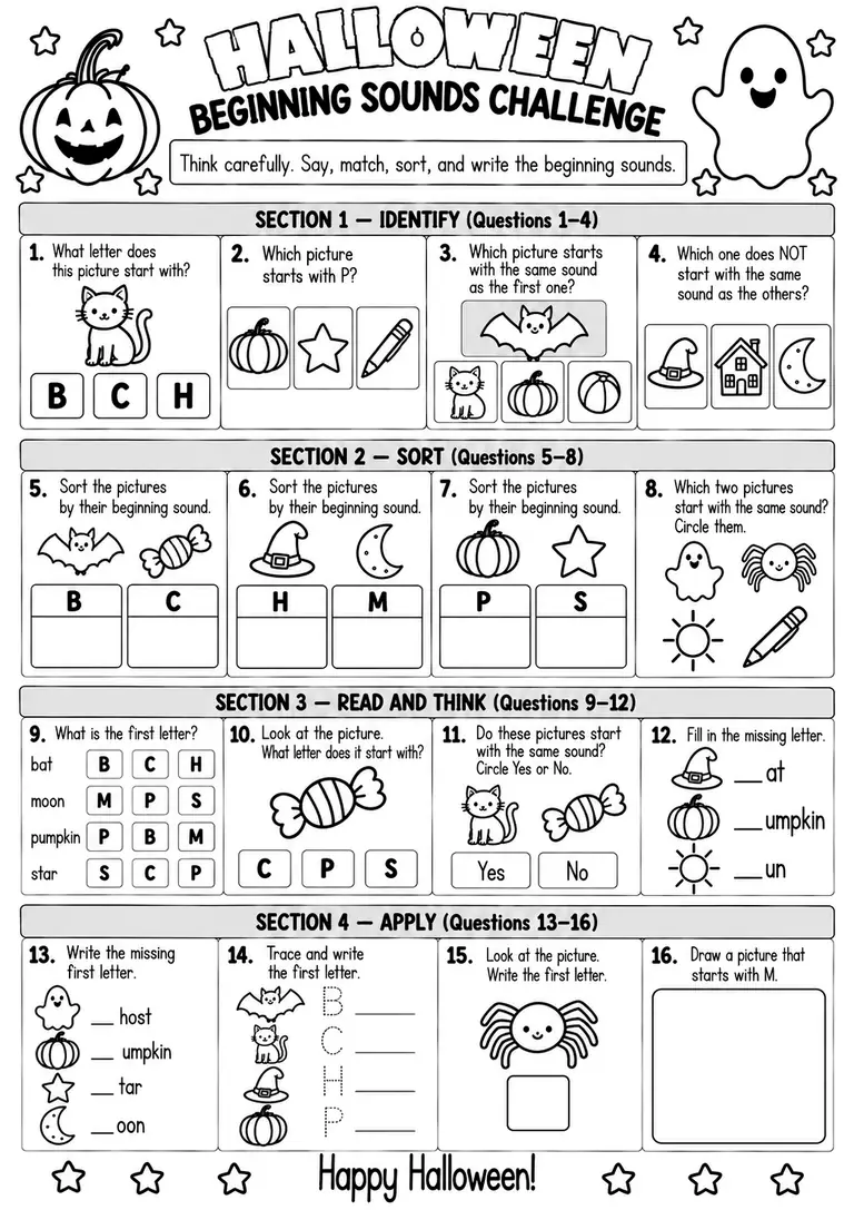 Halloween Beginning Sounds Challenge for Pre-K, Kindergarten, 1st Grade