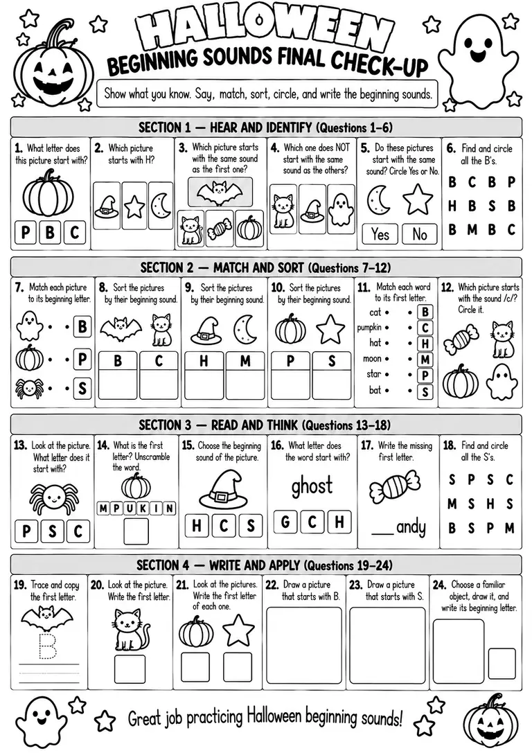 Halloween Beginning Sounds Final Check-Up for Pre-K, Kindergarten, 1st Grade