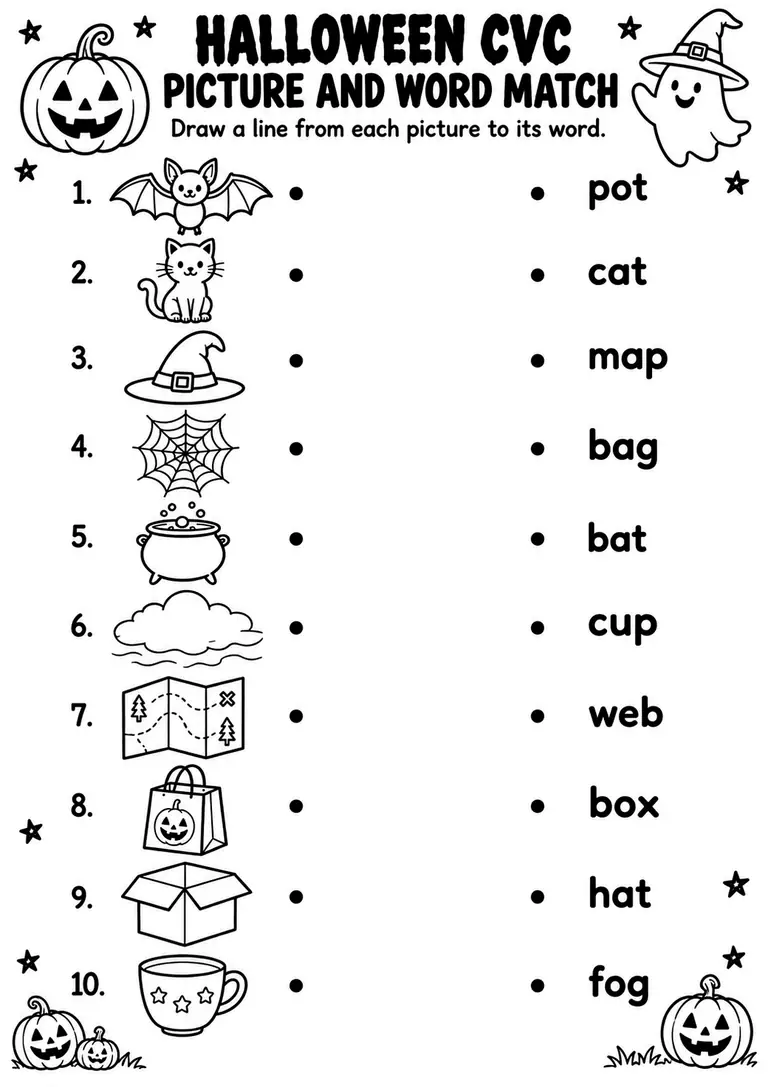 Halloween CVC Picture and Word Match for Kindergarten, 1st Grade