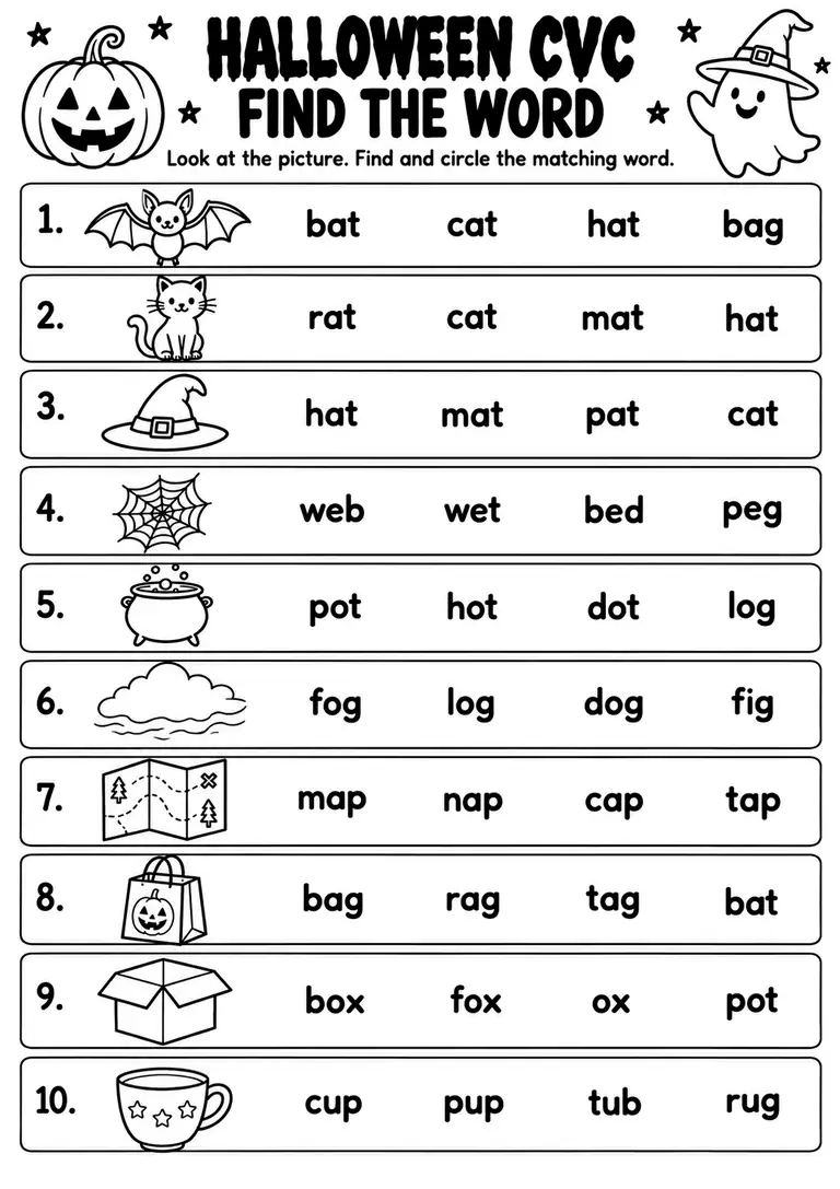 Halloween CVC Find the Word for Kindergarten, 1st Grade