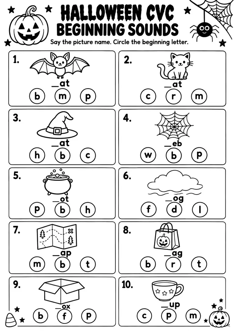 Halloween CVC Beginning Sounds for Kindergarten, 1st Grade