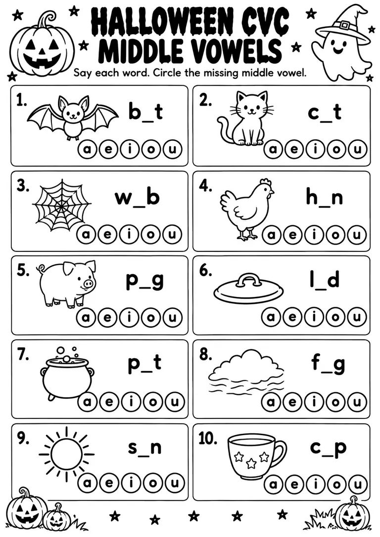 Halloween CVC Middle Vowels for Kindergarten, 1st Grade