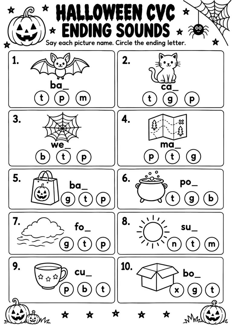 Halloween CVC Ending Sounds for Kindergarten, 1st Grade