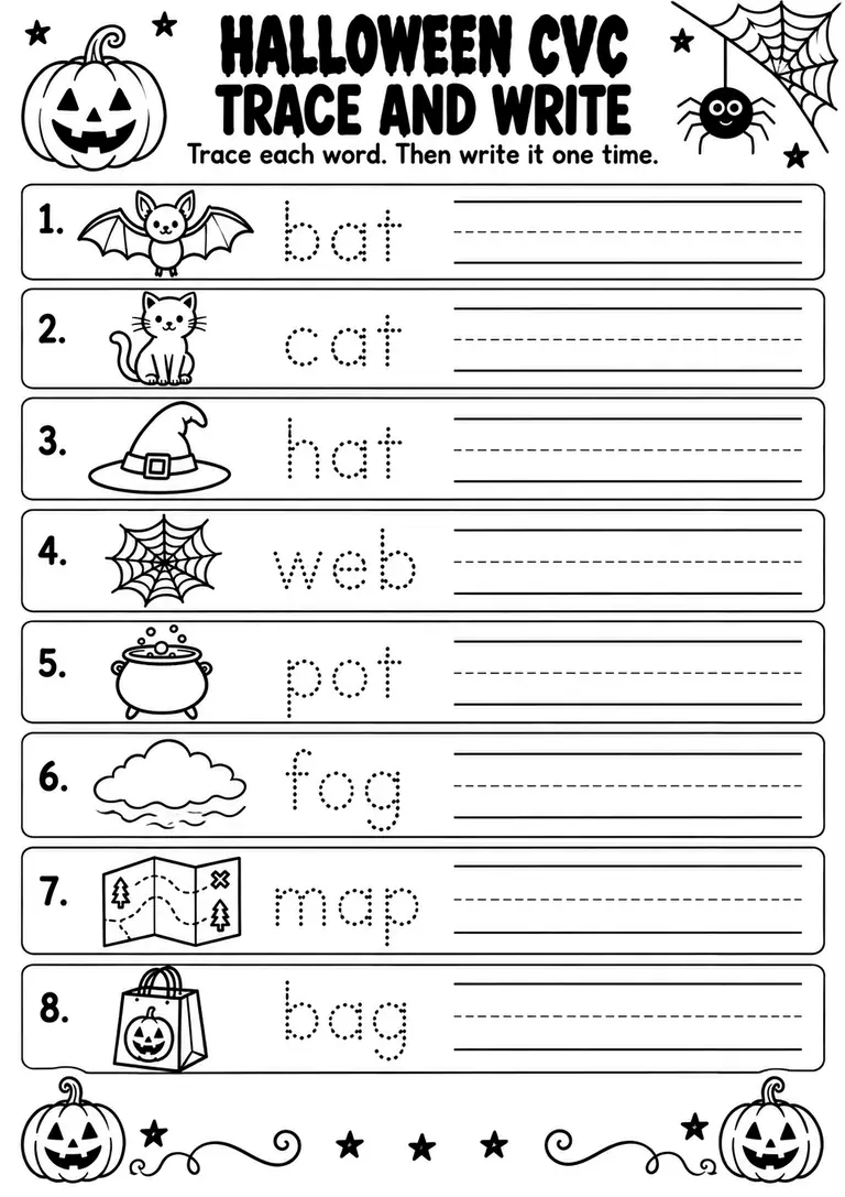 Halloween CVC Trace and Write for Kindergarten, 1st Grade