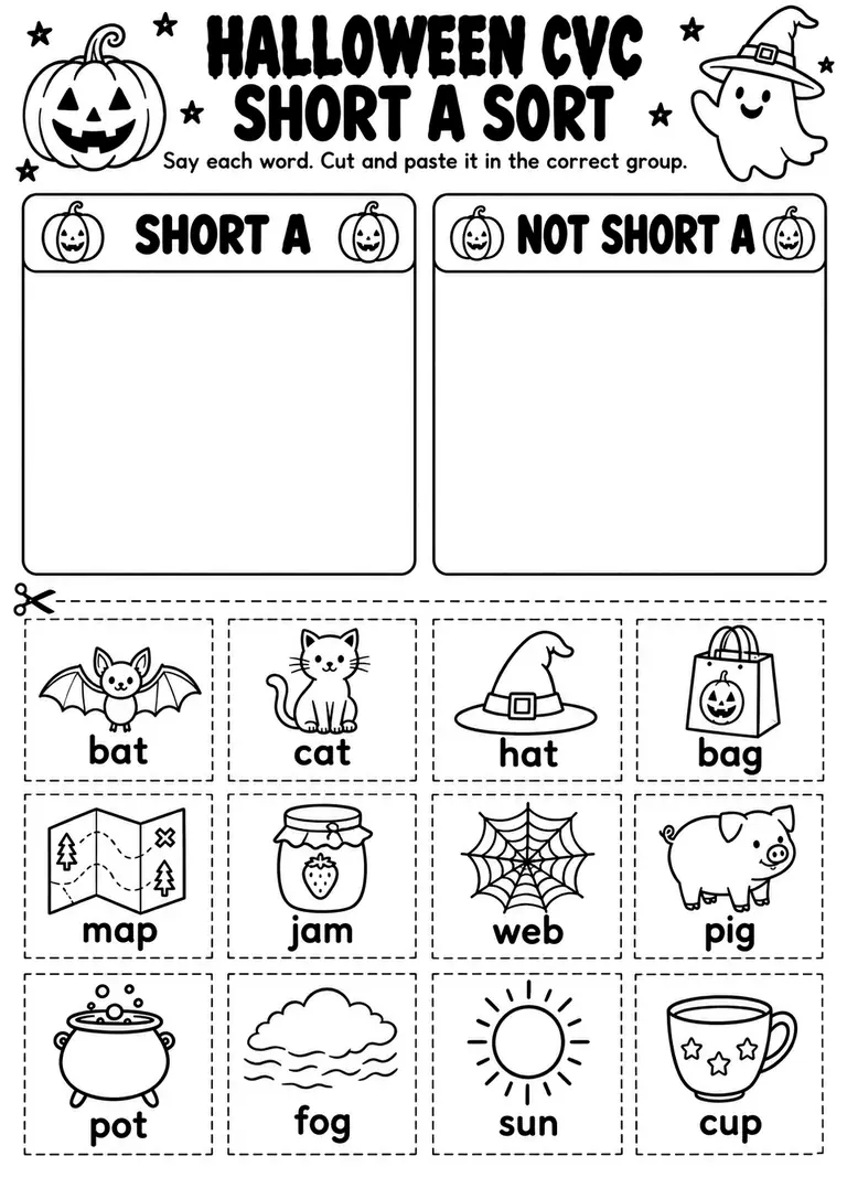 Halloween CVC Short A Sort for Kindergarten, 1st Grade