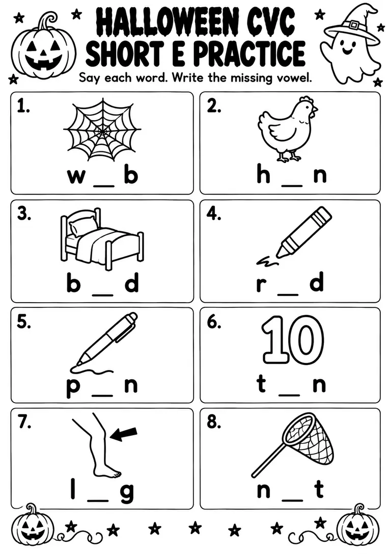 Halloween CVC Short E Practice for Kindergarten, 1st Grade