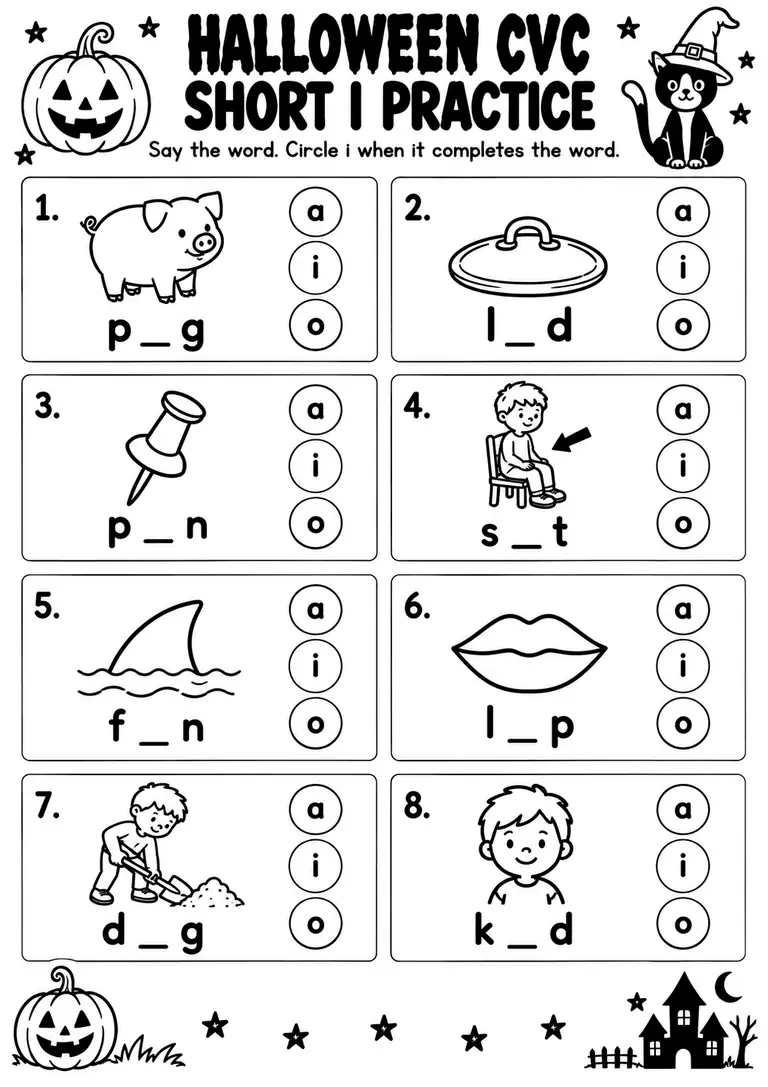 Halloween CVC Short I Practice for Kindergarten, 1st Grade