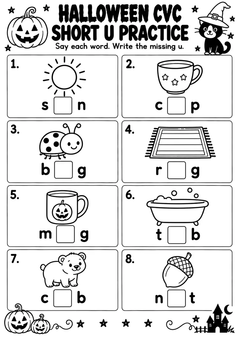 Halloween CVC Short U Practice for Kindergarten, 1st Grade