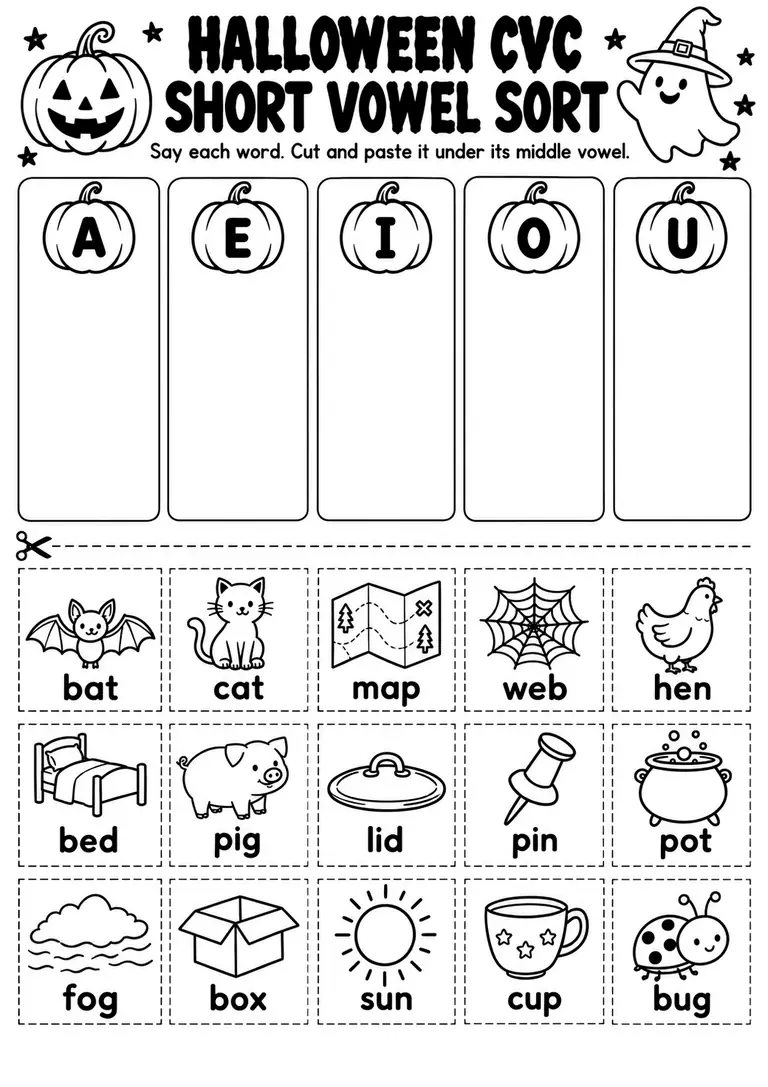 Halloween CVC Short Vowel Sort for Kindergarten, 1st Grade