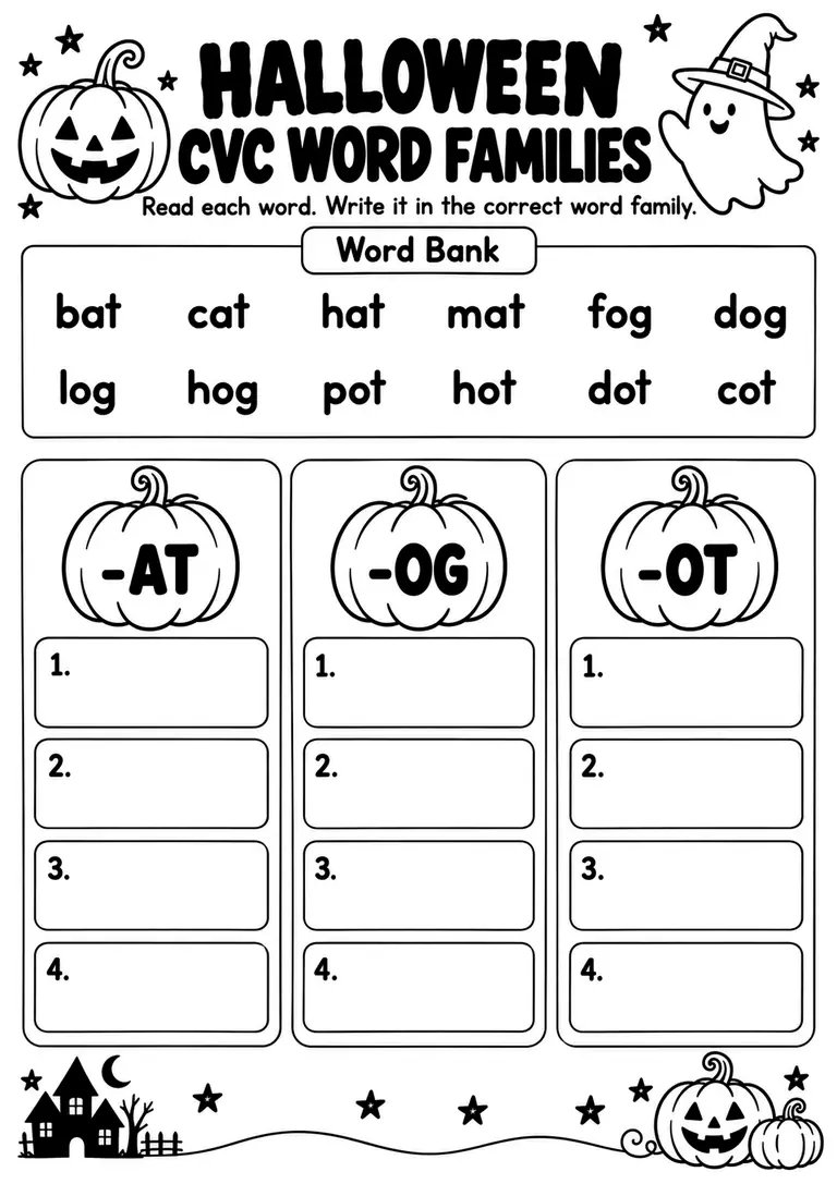 Halloween CVC Word Families for Kindergarten, 1st Grade