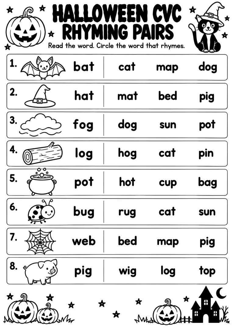 Halloween CVC Rhyming Pairs for Kindergarten, 1st Grade