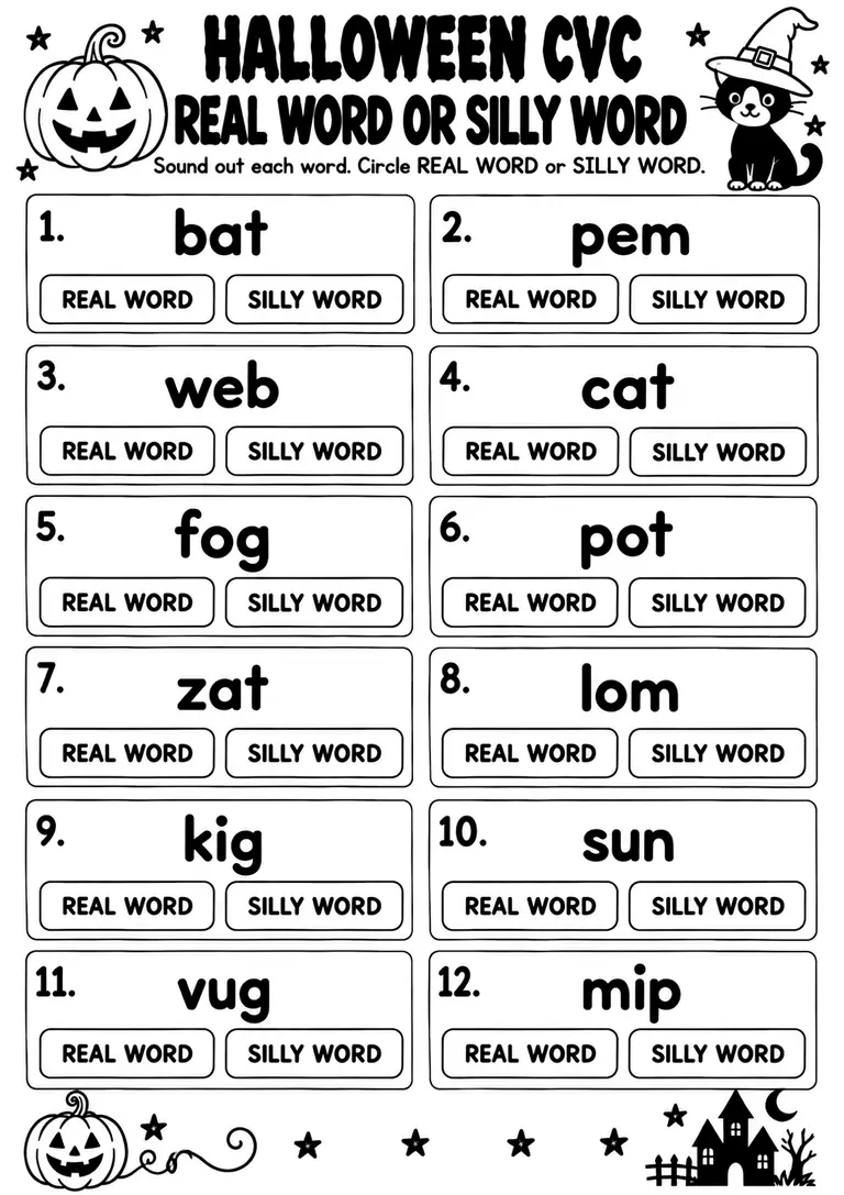 Halloween CVC Real Word or Silly Word for Kindergarten, 1st Grade