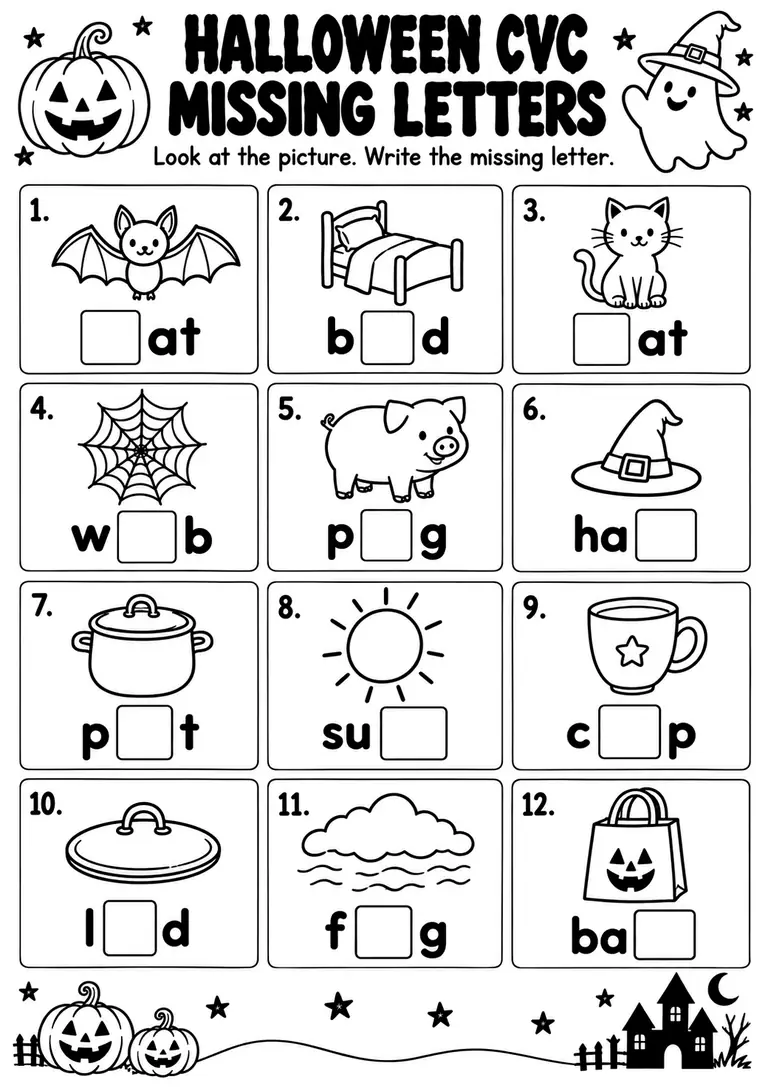 Halloween CVC Missing Letters for Kindergarten, 1st Grade