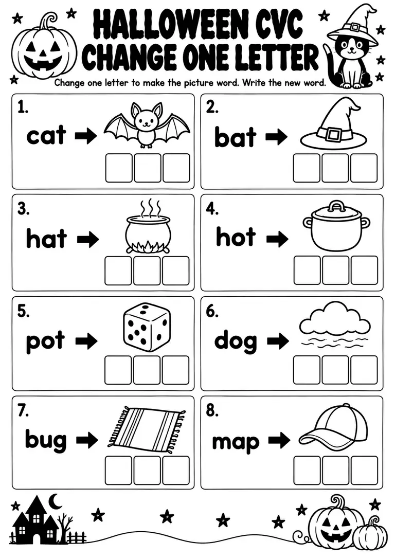 Halloween CVC Change One Letter for Kindergarten, 1st Grade