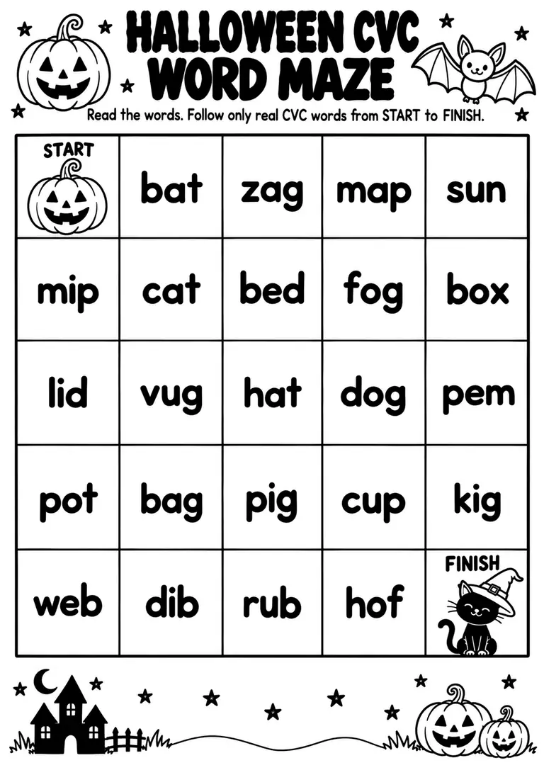 Halloween CVC Word Maze for Kindergarten, 1st Grade
