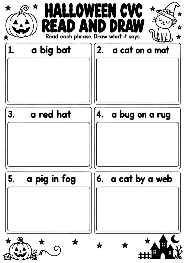 Halloween CVC Read and Draw for Kindergarten, 1st Grade