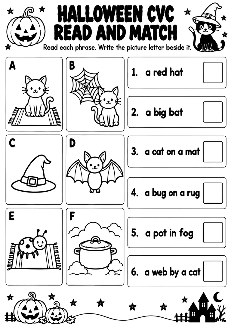 Halloween CVC Read and Match for Kindergarten, 1st Grade