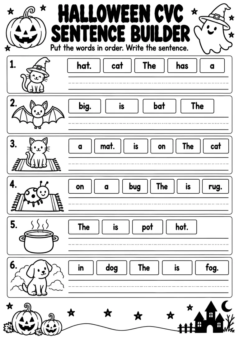 Halloween CVC Sentence Builder for Kindergarten, 1st Grade