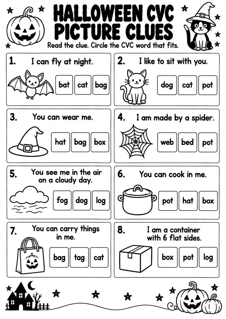 Halloween CVC Picture Clues for Kindergarten, 1st Grade