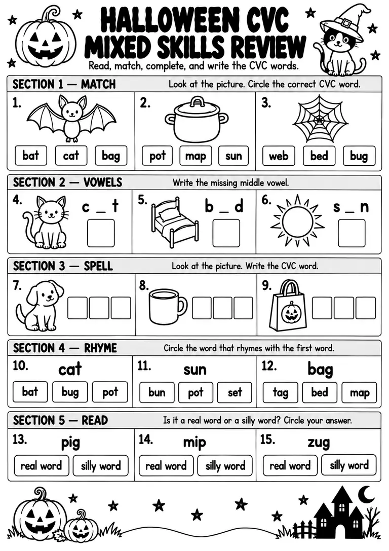 Halloween CVC Mixed Skills Review for Kindergarten, 1st Grade