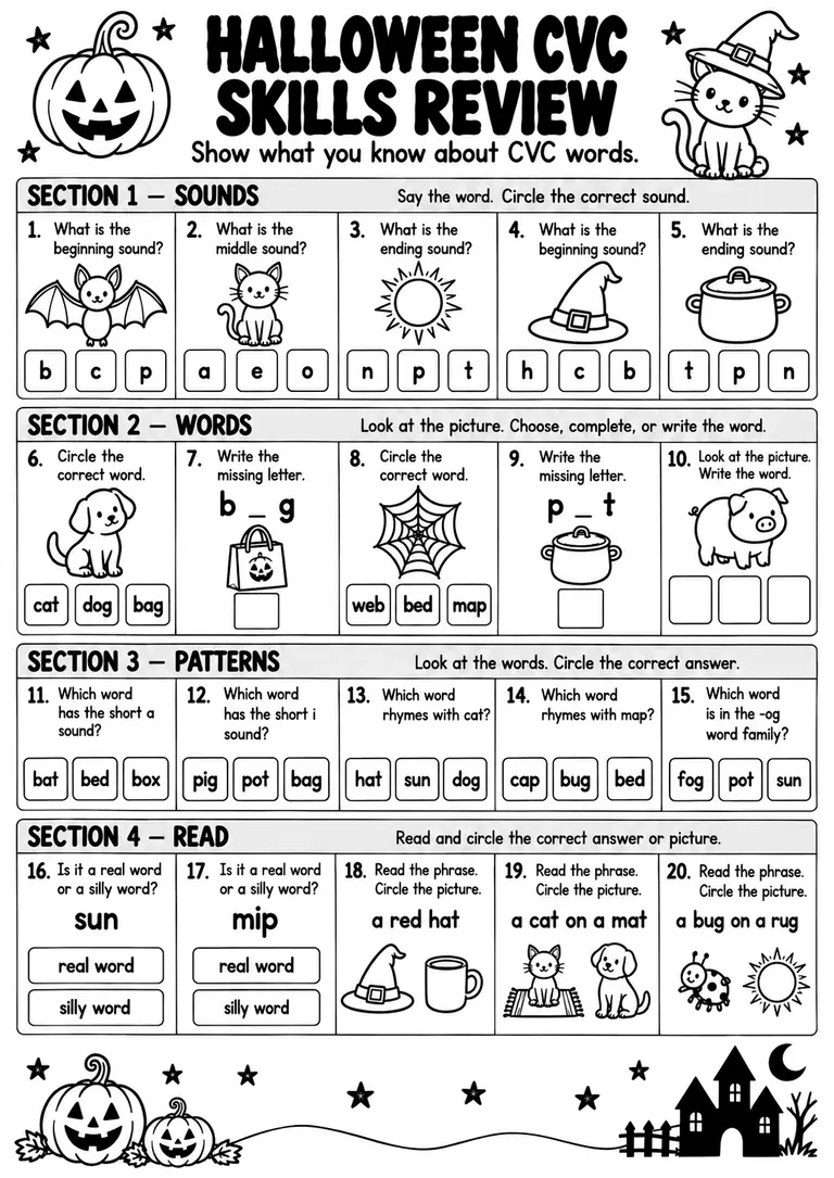 Halloween CVC Skills Review for Kindergarten, 1st Grade