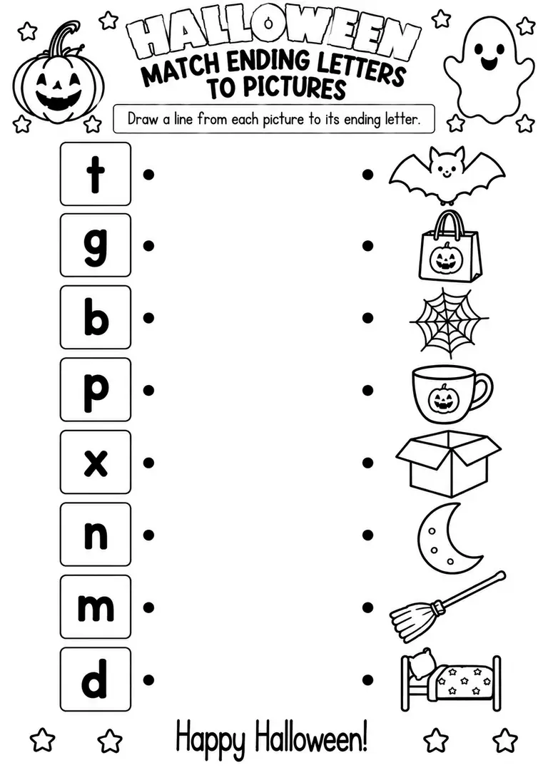 HALLOWEEN MATCH ENDING LETTERS TO PICTURES for Kindergarten, 1st Grade