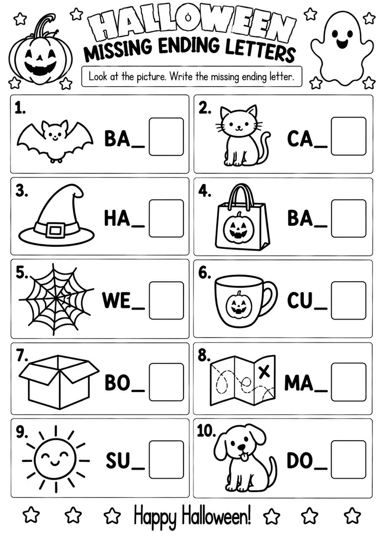 HALLOWEEN MISSING ENDING LETTERS for Kindergarten, 1st Grade