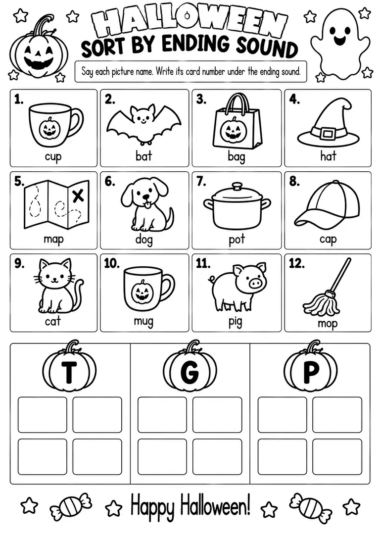 HALLOWEEN SORT BY ENDING SOUND for Kindergarten, 1st Grade