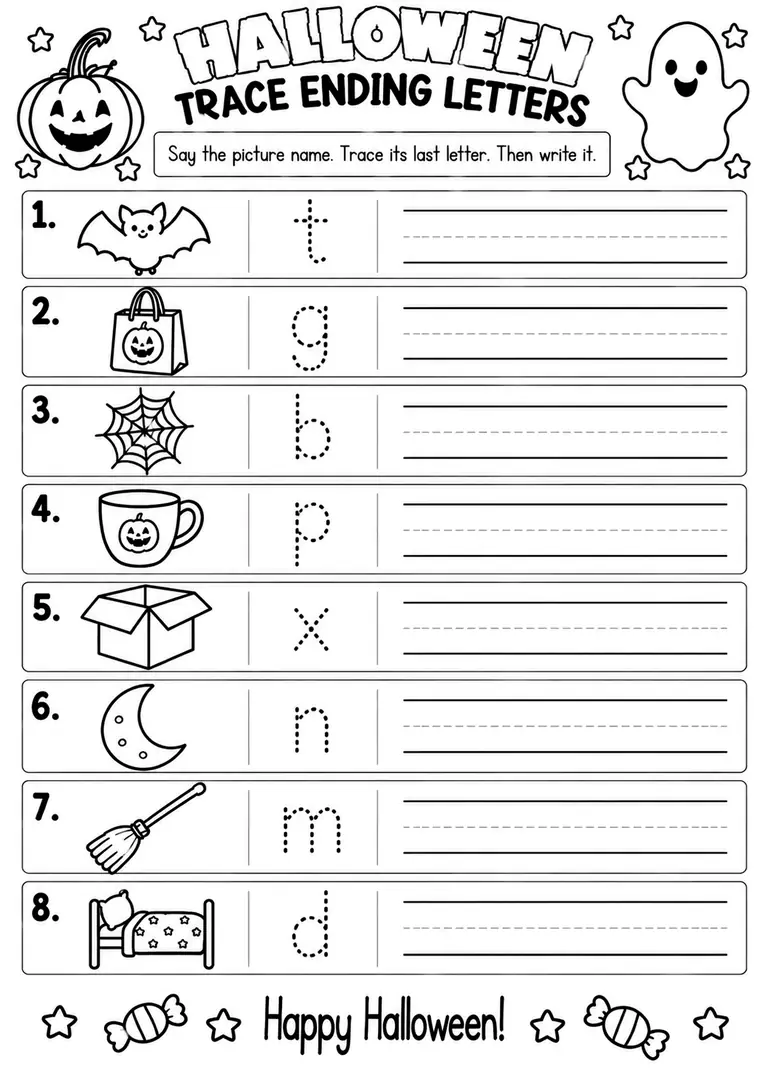 HALLOWEEN TRACE ENDING LETTERS for Kindergarten, 1st Grade