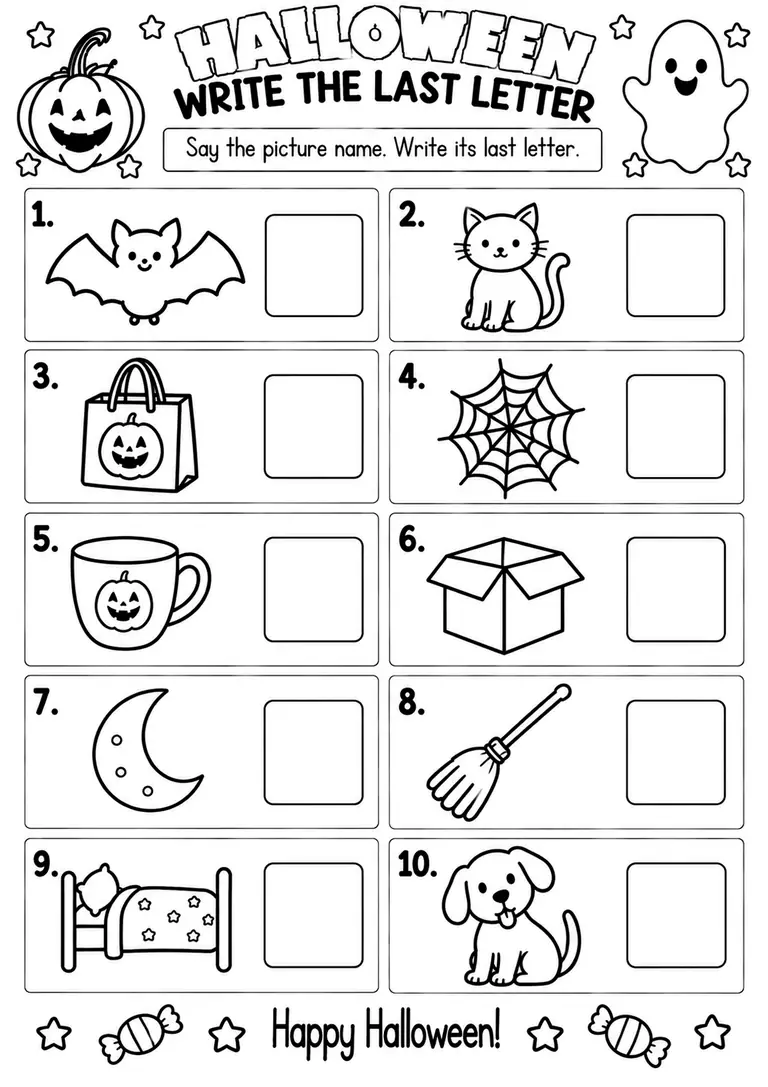 HALLOWEEN WRITE THE LAST LETTER for Kindergarten, 1st Grade