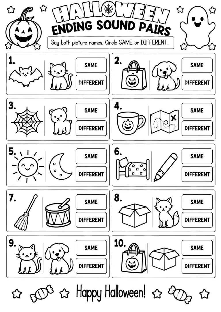 HALLOWEEN ENDING SOUND PAIRS for Kindergarten, 1st Grade