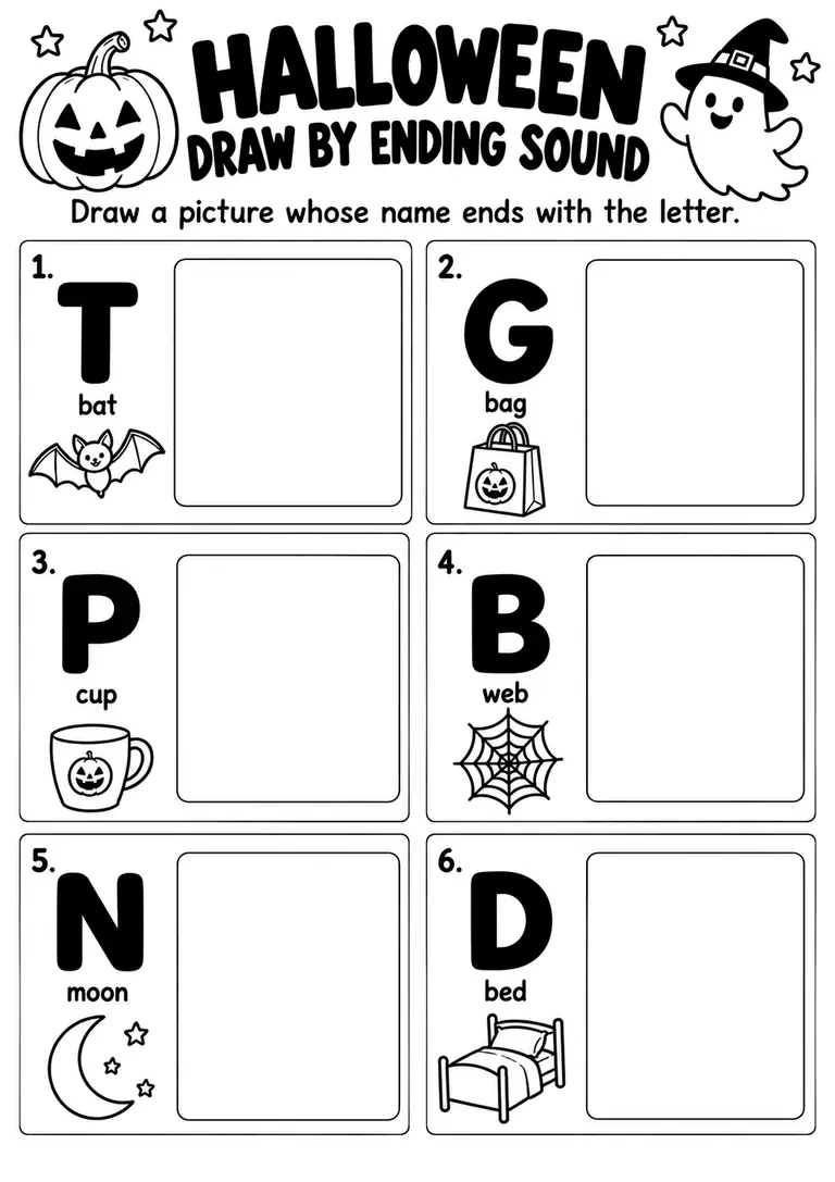 HALLOWEEN DRAW BY ENDING SOUND for Kindergarten, 1st Grade