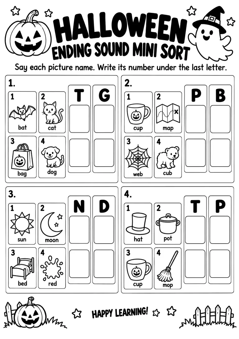 HALLOWEEN ENDING SOUND MINI SORT for Kindergarten, 1st Grade