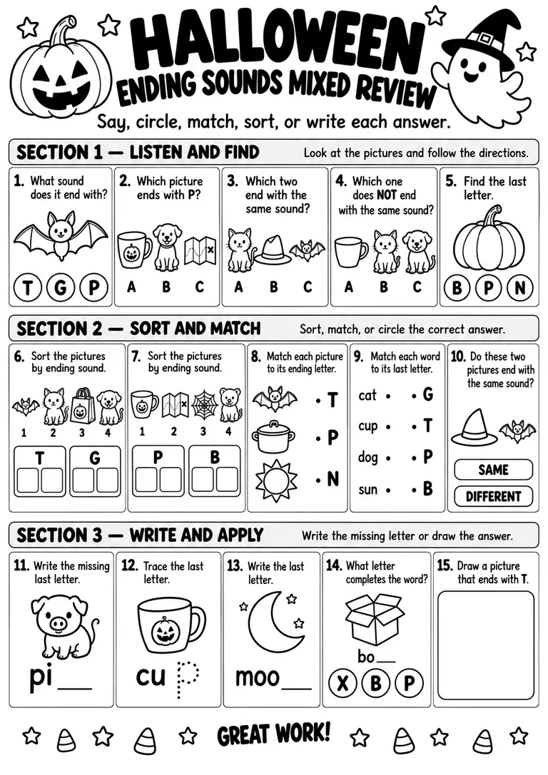 HALLOWEEN ENDING SOUNDS MIXED REVIEW for Kindergarten, 1st Grade