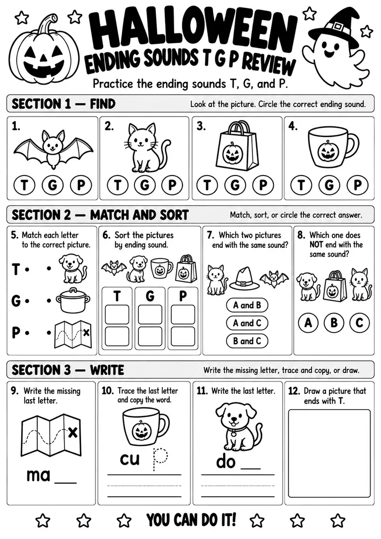 HALLOWEEN ENDING SOUNDS T G P REVIEW for Kindergarten, 1st Grade