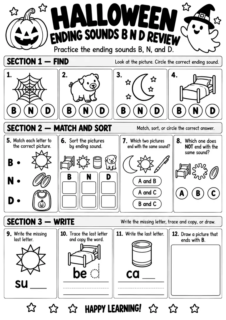 HALLOWEEN ENDING SOUNDS B N D REVIEW for Kindergarten, 1st Grade