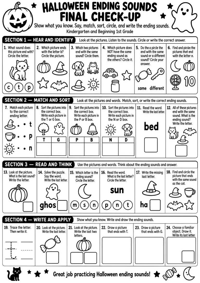 HALLOWEEN ENDING SOUNDS FINAL CHECK-UP for Kindergarten, 1st Grade