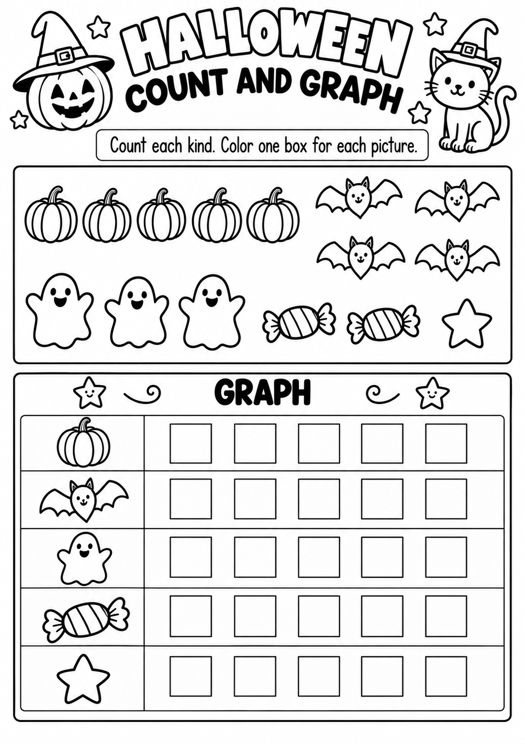 Halloween Count and Graph for Pre-K, Kindergarten, 1st Grade