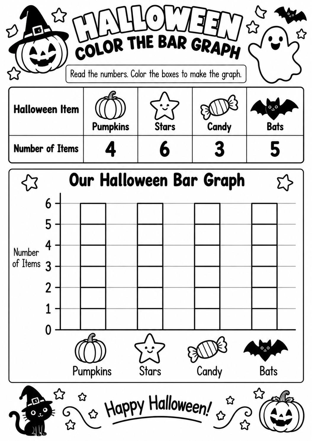 Halloween Color the Bar Graph for Pre-K, Kindergarten, 1st Grade