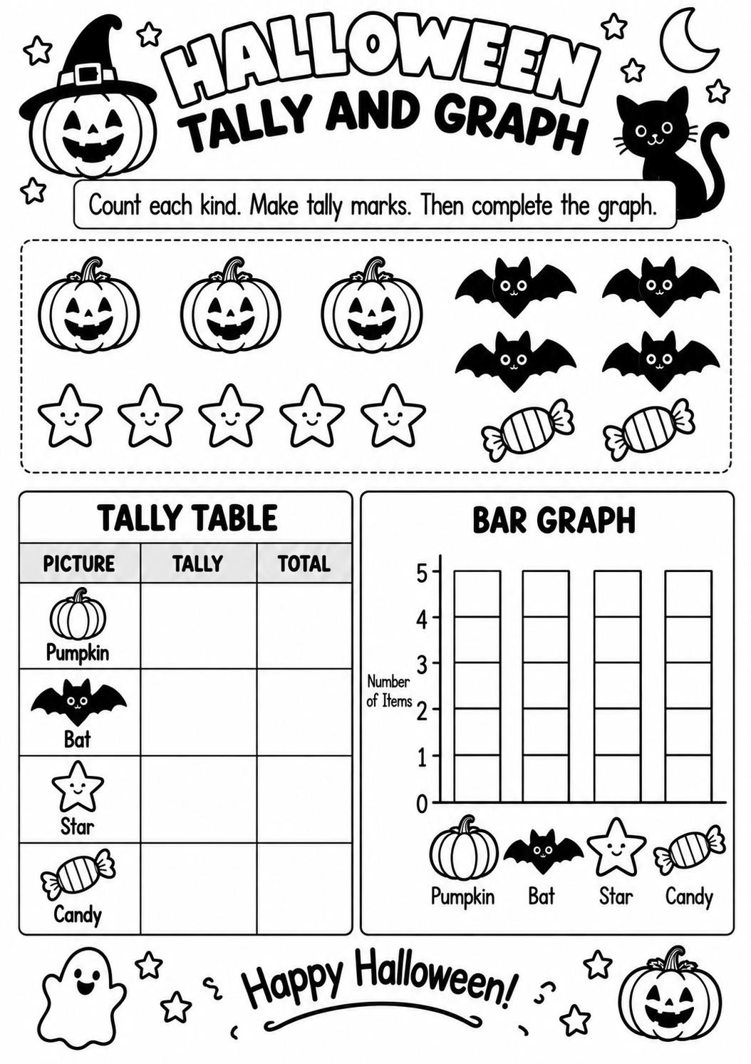 Halloween Tally and Graph for Pre-K, Kindergarten, 1st Grade