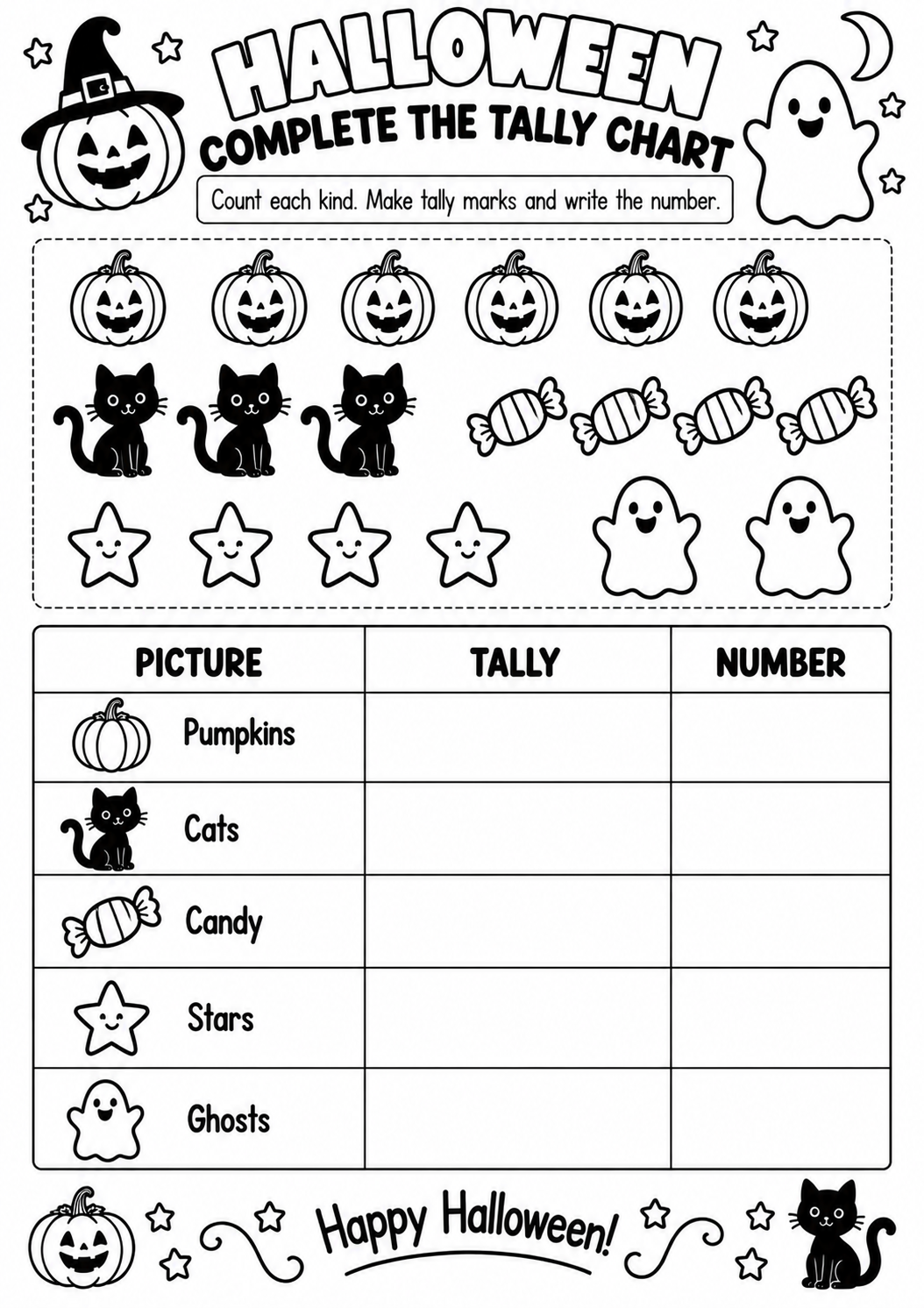 Halloween Complete the Tally Chart for Pre-K, Kindergarten, 1st Grade