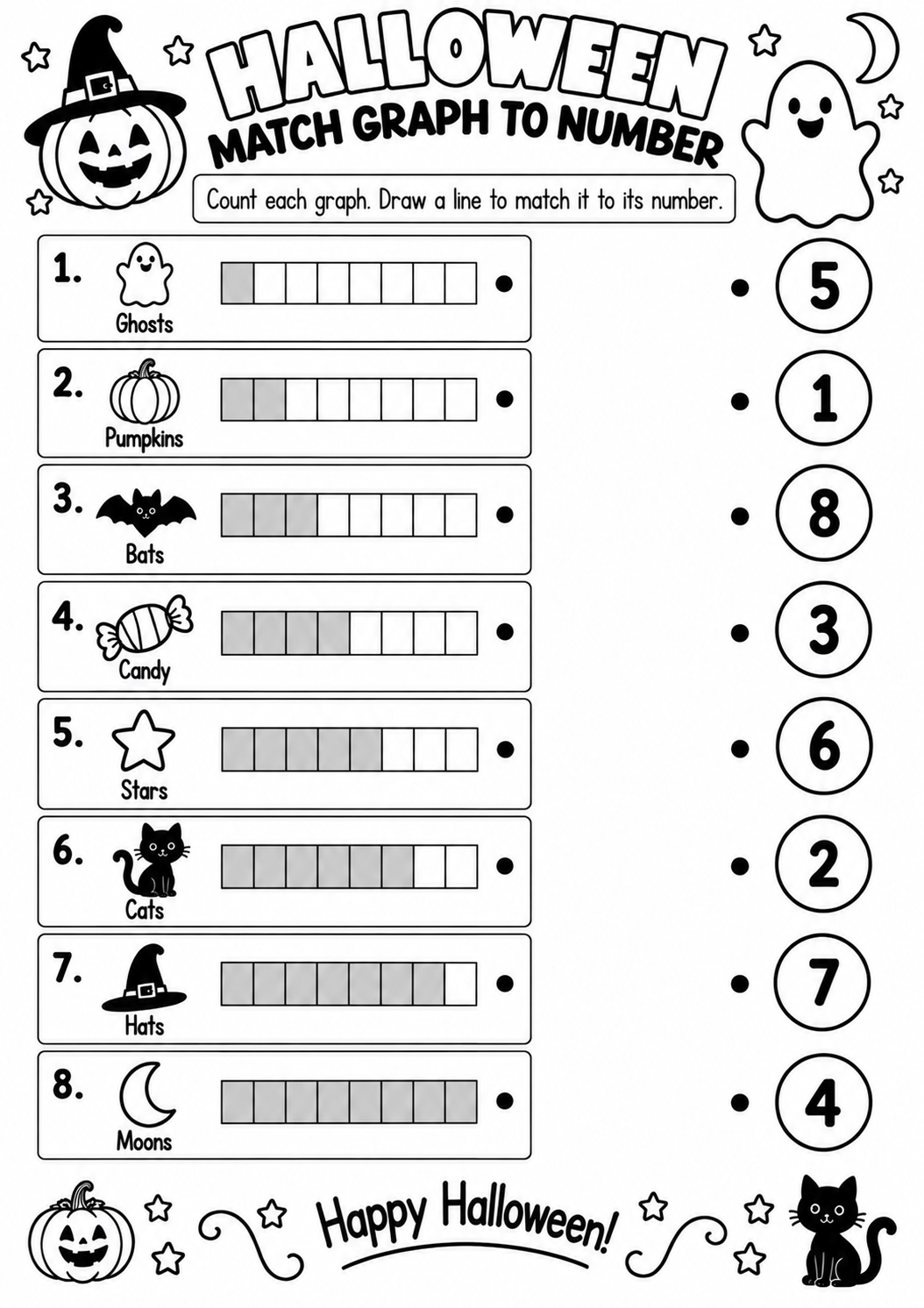 Halloween Match Graph to Number for Pre-K, Kindergarten, 1st Grade
