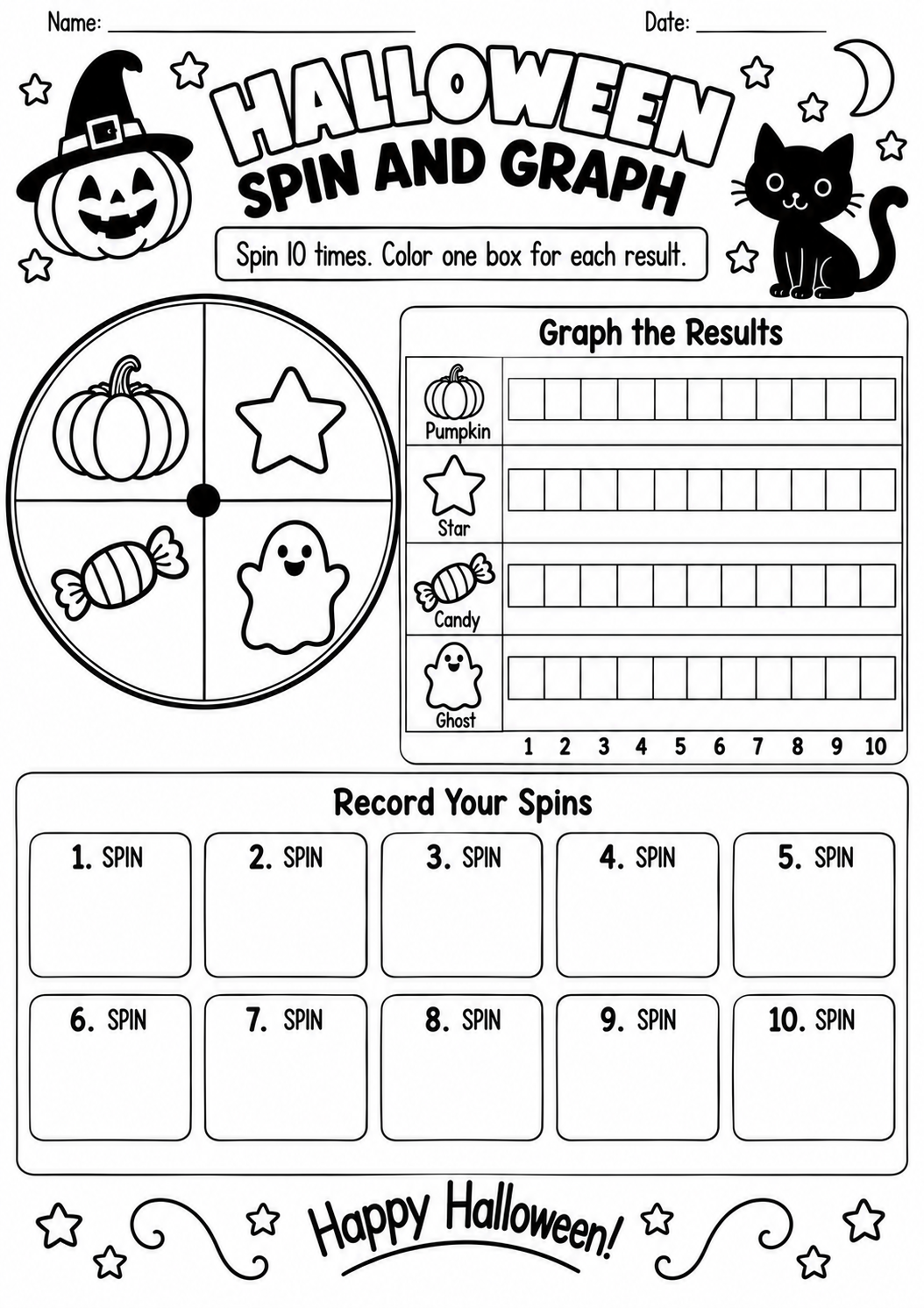 Halloween Spin and Graph for Pre-K, Kindergarten, 1st Grade