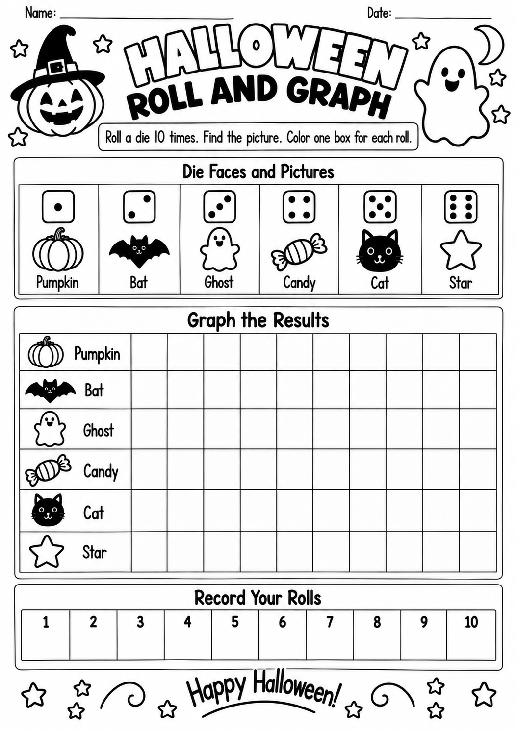 Halloween Roll and Graph for Pre-K, Kindergarten, 1st Grade