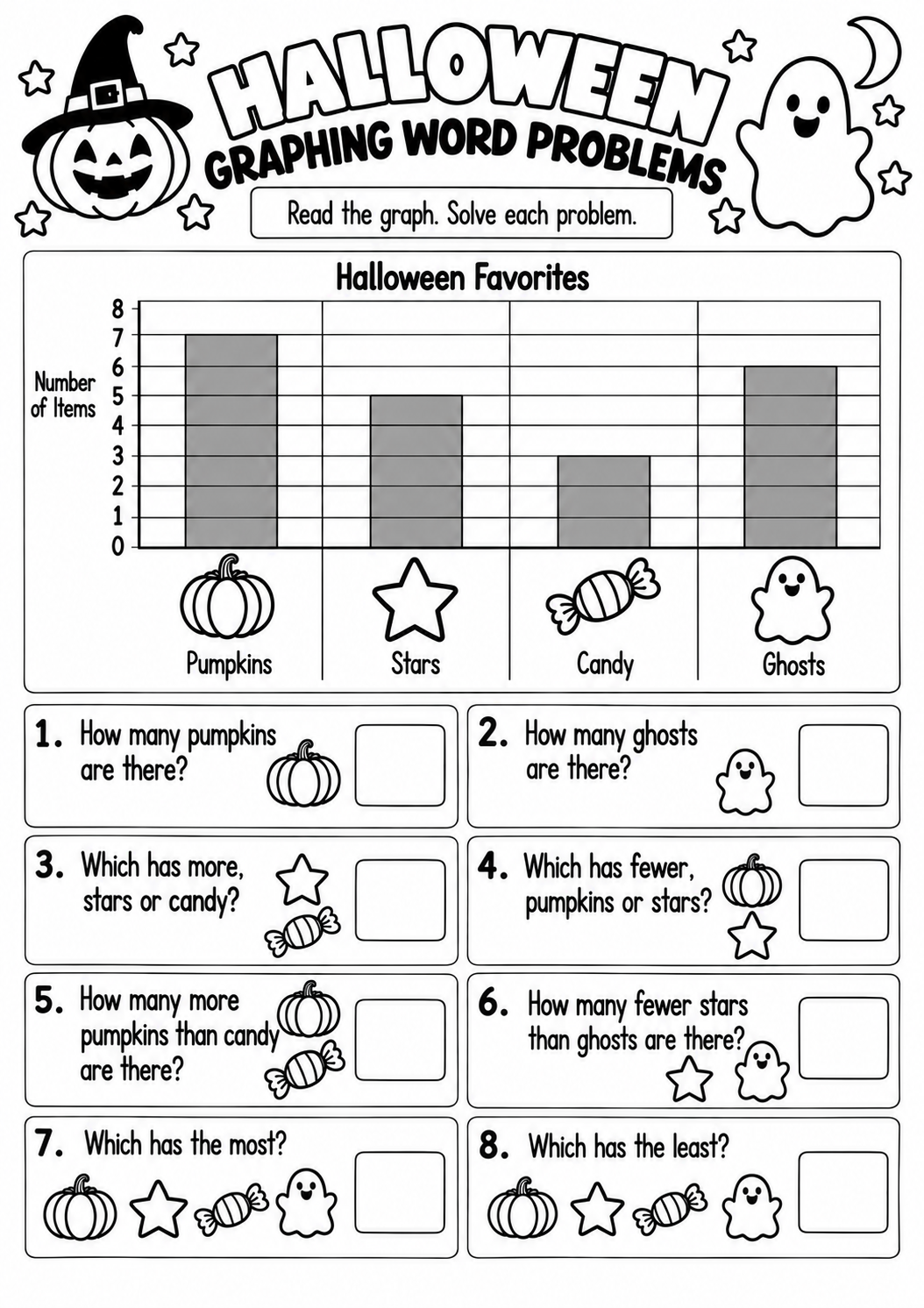 Halloween Graphing Word Problems for Pre-K, Kindergarten, 1st Grade