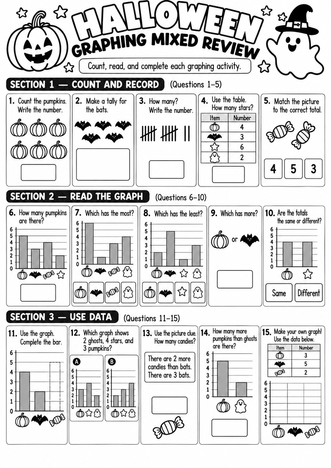 Halloween Graphing Mixed Review for Pre-K, Kindergarten, 1st Grade