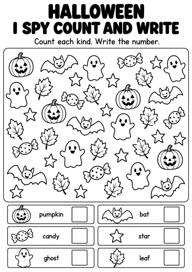 Halloween I Spy Count and Write for Pre-K, Kindergarten, 1st Grade