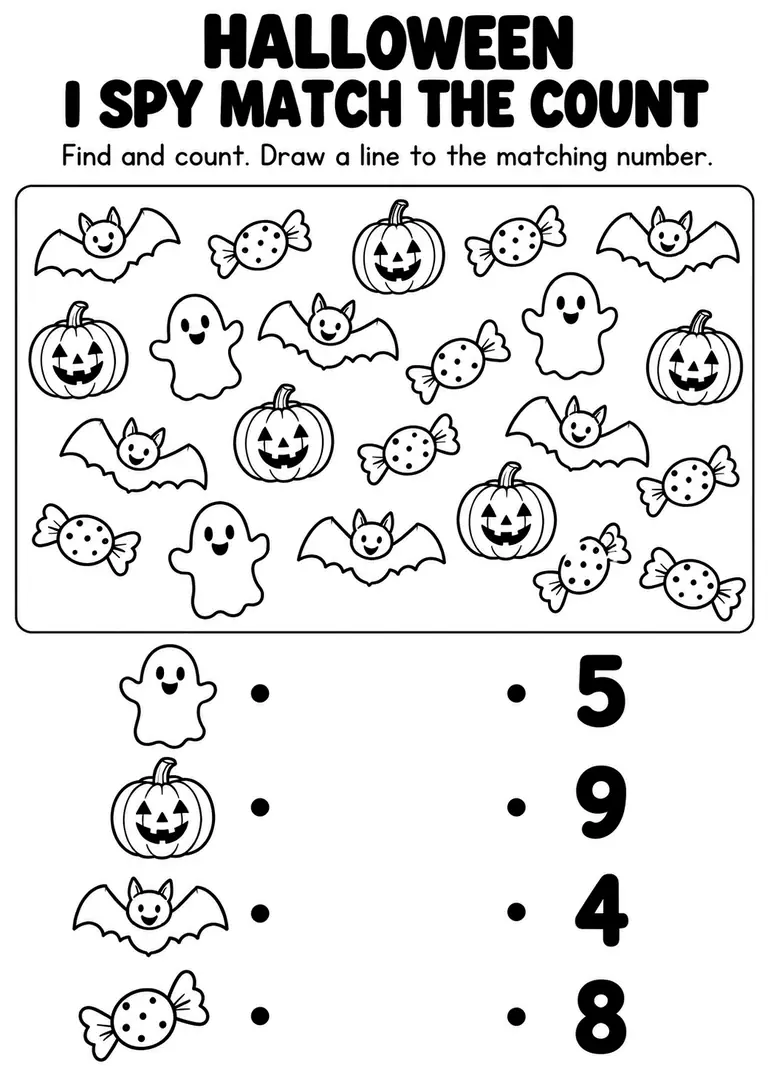 Halloween I Spy Match the Count for Pre-K, Kindergarten, 1st Grade